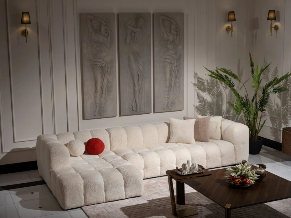 Luxura Home's Cloud Bubble Chaise Corner, a luxurious sectional sofa with a built-in chaise, offering a stylish and comfortable lounging space with a curved, contemporary design.