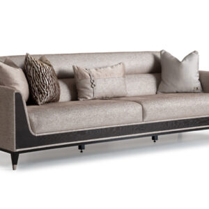 Sensatori Luxury Sofa with dark wood accents and plush beige upholstery, featuring bespoke design options in a variety of fabrics and finishes.