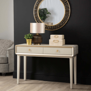 The Elara Cream Elm 2 Drawer Console Table is a graceful and functional addition to any room. Crafted from high-quality MDF and finished in a chic cream veneer, this console table features two spacious drawers for convenient storage. Its sleek and sophisticated design enhances any space, whether placed in an entryway, living room, or hallway, adding both elegance and practicality to your home. Features and Benefits: Cream veneer finish for an elegant, sophisticated look Two drawers offering ample storage for your essentials Crafted from durable MDF for long-lasting quality Ideal for entryways, living rooms, or hallways Assembly required; comes in kit form for easy setup