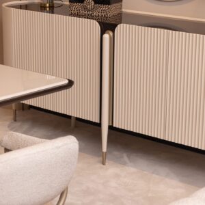 Bellina dining table with cream gloss finish and curved design, paired with bespoke boucle fabric chairs