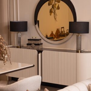 Bellina dining table with cream gloss finish and curved design, paired with bespoke boucle fabric chairs