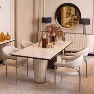 Bellina dining table with cream gloss finish and curved design, paired with bespoke boucle fabric chairs