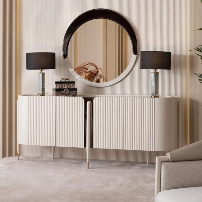 Elegant cream sideboard with warm wood accents and bronze gold details, featuring a sleek, luxurious design perfect for modern interiors.