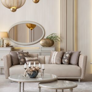 Luxurious Lusso sofa bespoke-made with an elegant cream wooden frame, featuring plush upholstery and refined craftsmanship, designed to elevate any sophisticated living space.