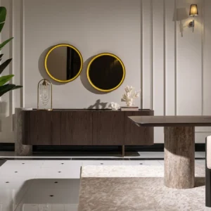 Palermo sideboard with dark wood veneer, travertine stone pillar, and brushed gold base; paired with a round led mirror.