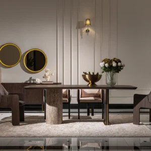 Palermo sideboard with dark wood veneer, travertine stone pillar, and brushed gold base; paired with a round led mirror.