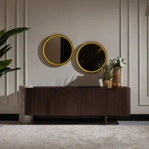 Palermo sideboard with dark wood veneer, travertine stone pillar, and brushed gold base; paired with a round led mirror.