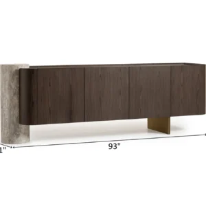 Palermo sideboard with dark wood veneer, travertine stone pillar, and brushed gold base; paired with a round led mirror.