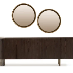 Palermo sideboard with dark wood veneer, travertine stone pillar, and brushed gold base; paired with a round led mirror.