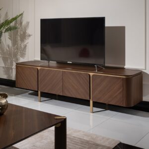 wood tv unit with golden accents