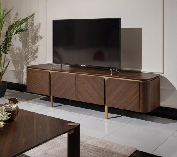 wood tv unit with golden accents