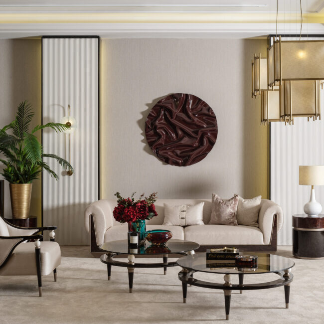 Front view of the Savoy Luxury Sofa with elegant wooden detailing and bespoke fabric upholstery.
