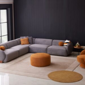 Amalfi corner chaise sofa in a luxurious neutral fabric with optional built-in wooden table, accented with plush cushions and modern Italian-inspired design, set in a contemporary living room