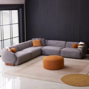 Amalfi corner chaise sofa in a luxurious neutral fabric with optional built-in wooden table, accented with plush cushions and modern Italian-inspired design, set in a contemporary living room