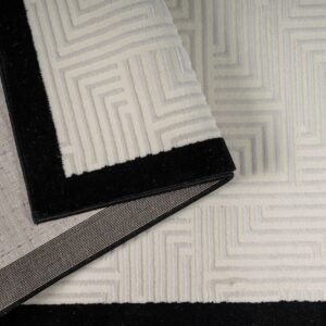 Full view of the Labyrinth Border Rug with a modern geometric design and bold black border.