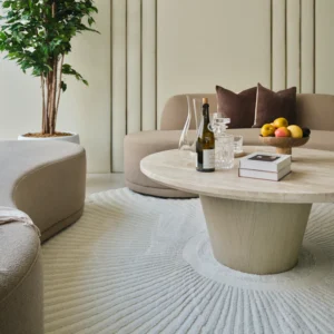 Round rug with a modern Solstice design, featuring soft polypropylene and shrink polyester material, in neutral tones with a 20mm pile height. Perfect for contemporary living spaces.