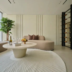 Round rug with a modern Solstice design, featuring soft polypropylene and shrink polyester material, in neutral tones with a 20mm pile height. Perfect for contemporary living spaces.