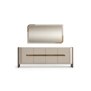 Front view of the Valenza Sideboard featuring a beige matte finish, bronze accents, and recessed handle design.