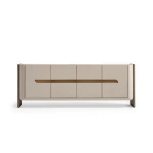 Front view of the Valenza Sideboard featuring a beige matte finish, bronze accents, and recessed handle design.