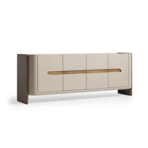 Front view of the Valenza Sideboard featuring a beige matte finish, bronze accents, and recessed handle design.