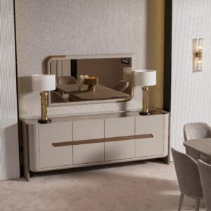 Front view of the Valenza Sideboard featuring a beige matte finish, bronze accents, and recessed handle design.