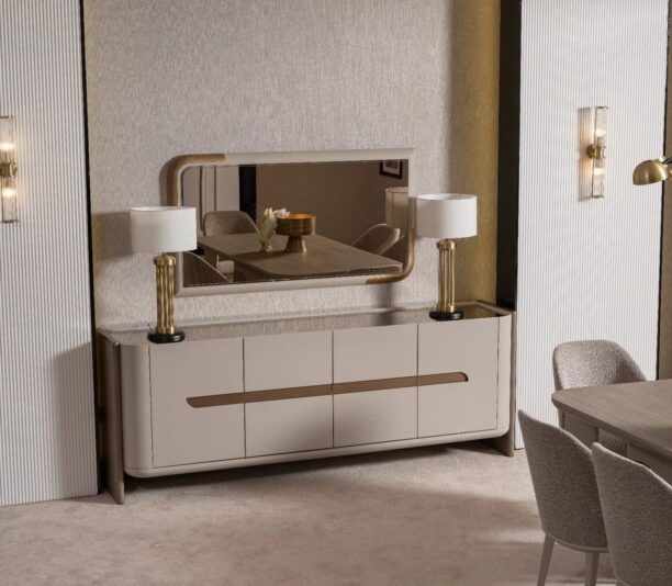 Front view of the Valenza Sideboard featuring a beige matte finish, bronze accents, and recessed handle design.