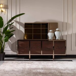 Front view of the Dakota Sideboard with dark wood veneer finish and brushed gold trims, styled with elegant décor.