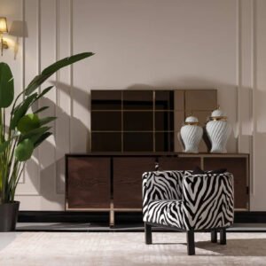 Front view of the Dakota Sideboard with dark wood veneer finish and brushed gold trims, styled with elegant décor.