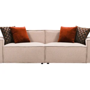 Elegant Sierra Sofa in a light fabric finish, accented with rust-colored scatter cushions, displayed in a contemporary living room.