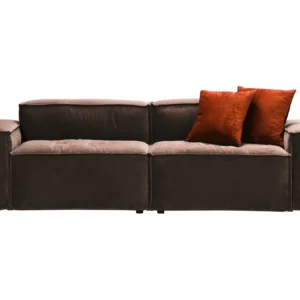 Elegant Sierra Sofa in a light fabric finish, accented with rust-colored scatter cushions, displayed in a contemporary living room.