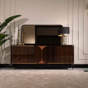 Front view of the Nevada Sideboard featuring a high-gloss wood veneer finish, brushed gold accents, and a leather-textured centre panel.