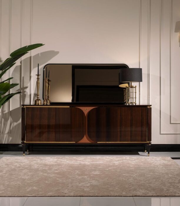 Front view of the Nevada Sideboard featuring a high-gloss wood veneer finish, brushed gold accents, and a leather-textured centre panel.