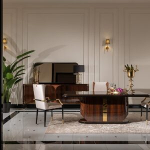 Front view of the Nevada Sideboard featuring a high-gloss wood veneer finish, brushed gold accents, and a leather-textured centre panel.