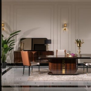 Front view of the Nevada Sideboard featuring a high-gloss wood veneer finish, brushed gold accents, and a leather-textured centre panel.