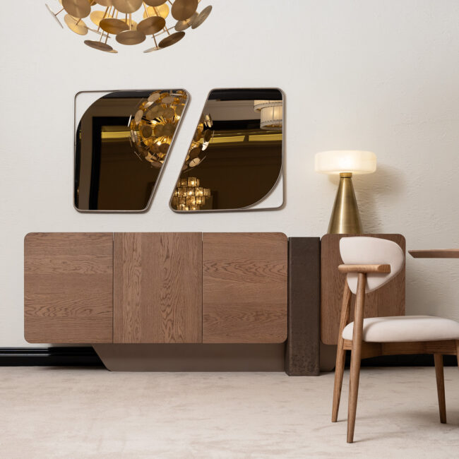 Close-up of textured concrete leg on the Revere oak sideboard