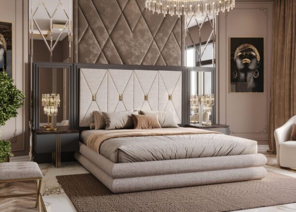 Luxury Moritz Bedroom Collection featuring an upholstered bed with diamond-tufted headboard, gold accents, and elegant bedside tables.