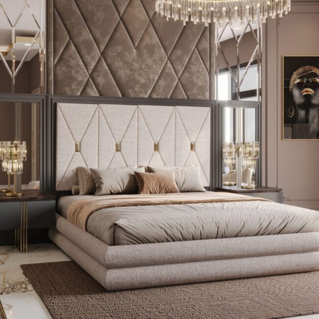 Luxury Moritz Bedroom Collection featuring an upholstered bed with diamond-tufted headboard, gold accents, and elegant bedside tables.