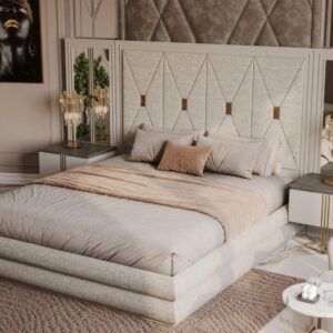 Luxury Moritz Bedroom Collection featuring an upholstered bed with diamond-tufted headboard, gold accents, and elegant bedside tables.