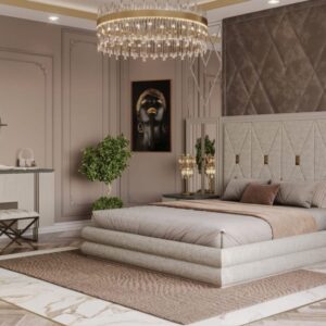 Luxury Moritz Bedroom Collection featuring an upholstered bed with diamond-tufted headboard, gold accents, and elegant bedside tables.