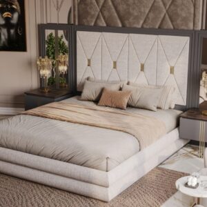 Luxury Moritz Bedroom Collection featuring an upholstered bed with diamond-tufted headboard, gold accents, and elegant bedside tables.