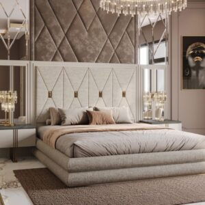 Luxury Moritz Bedroom Collection featuring an upholstered bed with diamond-tufted headboard, gold accents, and elegant bedside tables.