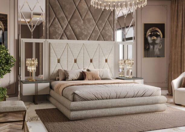 Luxury Moritz Bedroom Collection featuring an upholstered bed with diamond-tufted headboard, gold accents, and elegant bedside tables.