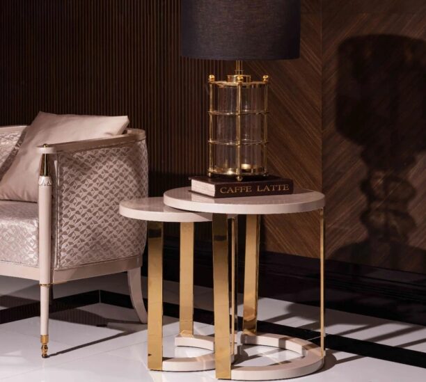 Athena Luxury Nesting Tables with gloss-coated finish, solid steel legs in black or cream, and 55cm wide tabletops. Elegant and modern design.