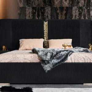 Lyon Luxury Bed with fluted headboard, gold detailing, and bespoke fabric options for a sophisticated bedroom design.