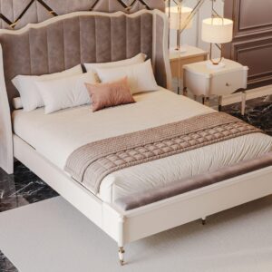 A luxurious upholstered bed with a channel-tufted headboard and wingback design, set in a modern bedroom.