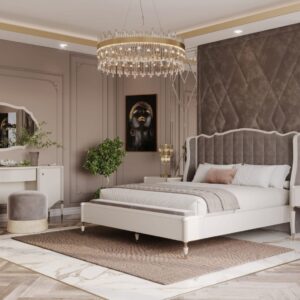 A luxurious upholstered bed with a channel-tufted headboard and wingback design, set in a modern bedroom.