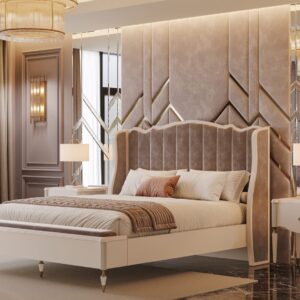 A luxurious upholstered bed with a channel-tufted headboard and wingback design, set in a modern bedroom.