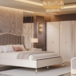 A luxurious upholstered bed with a channel-tufted headboard and wingback design, set in a modern bedroom.