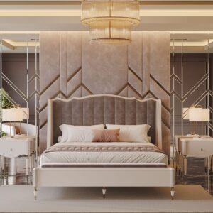 A luxurious upholstered bed with a channel-tufted headboard and wingback design, set in a modern bedroom.