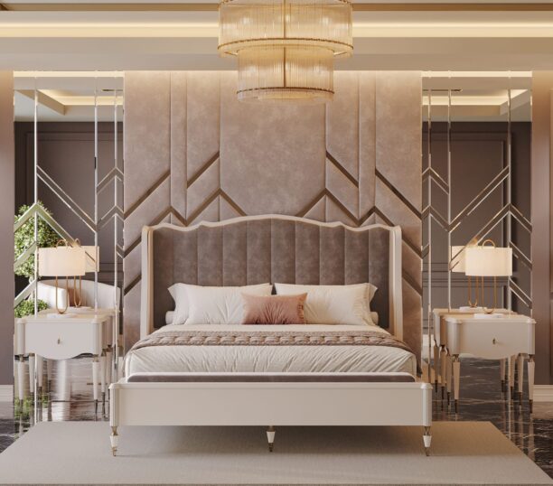 A luxurious upholstered bed with a channel-tufted headboard and wingback design, set in a modern bedroom.